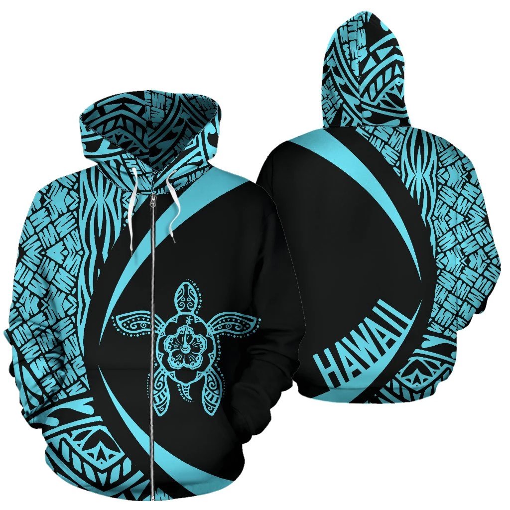 Hawaii Turtle Polynesian Zip up Hoodie Circle Style Blue Color Unisex Blue - Polynesian Pride
