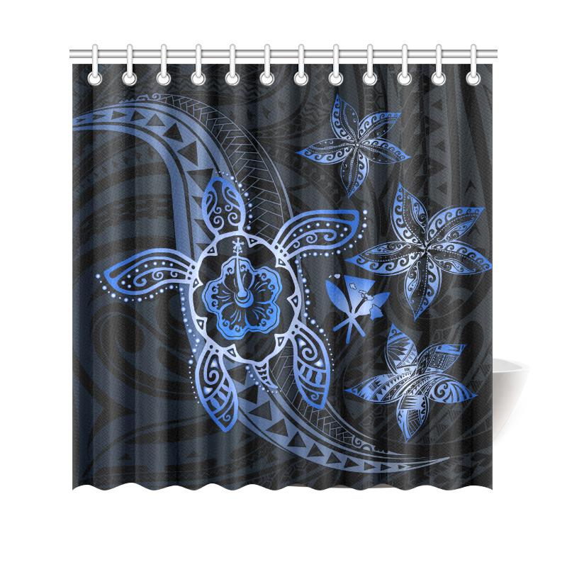 Kanaka Map Hibiscus Plumeria Turtle Art Blue Polynesian Shower Curtain 177 x 172 (cm) Blue - Polynesian Pride