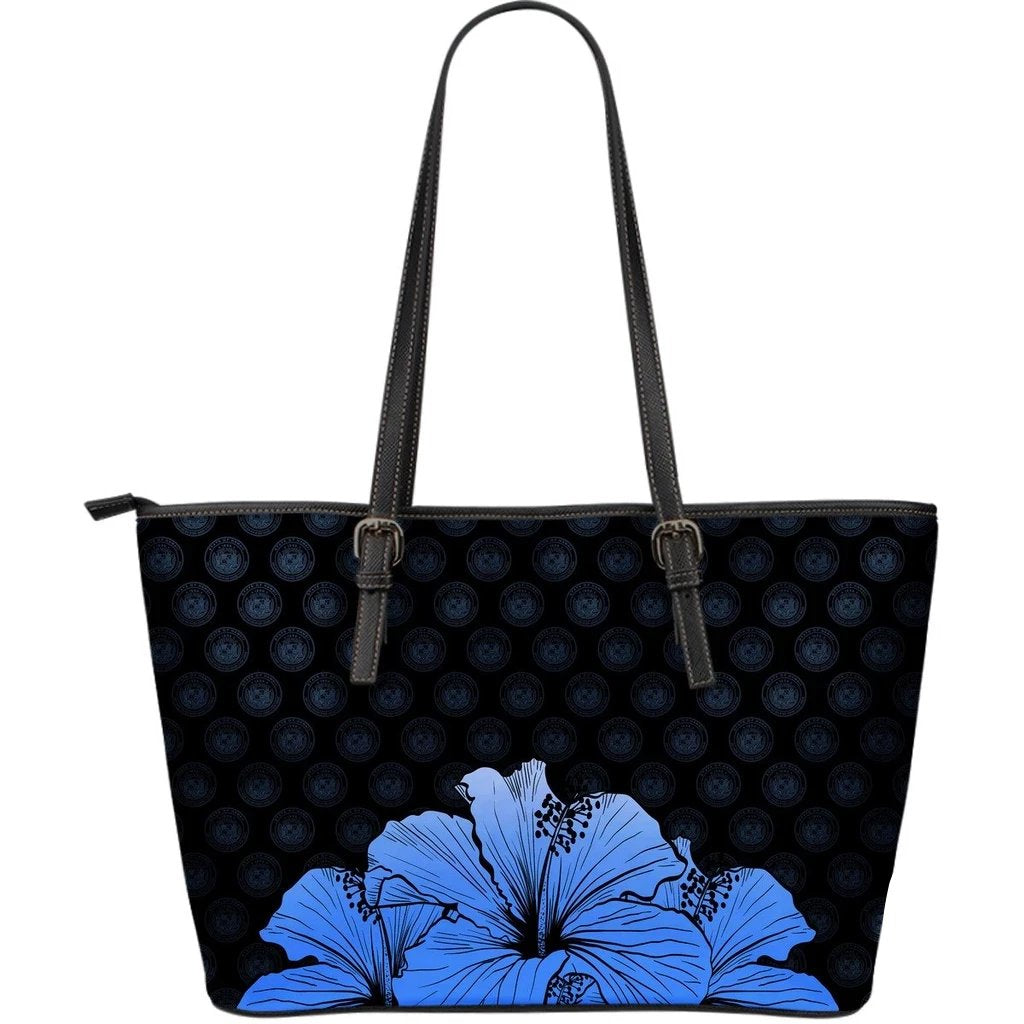 Hawaii Hibiscus Large Leather Tote Blue - Rich Style Blue - Polynesian Pride