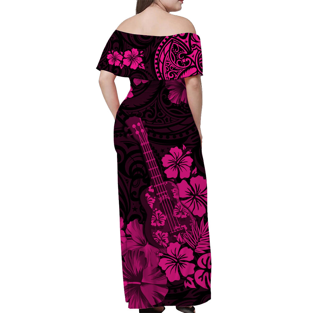 Hawaii Off Shoulder Long Dress Polynesia Pink Ukulele Flowers LT13 - Polynesian Pride