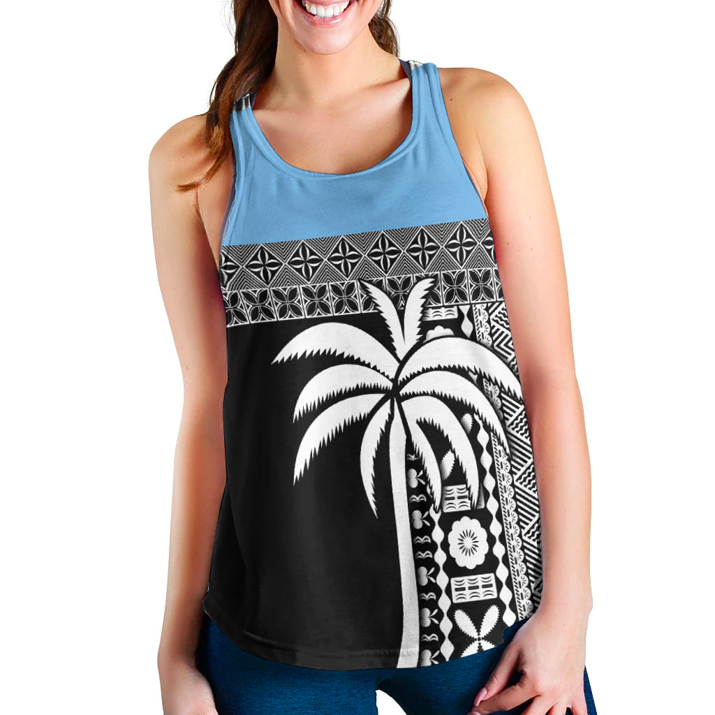 Fiji Tapa Pattern Women Racerback Tank Coconut Tree LT13 Blue - Polynesian Pride