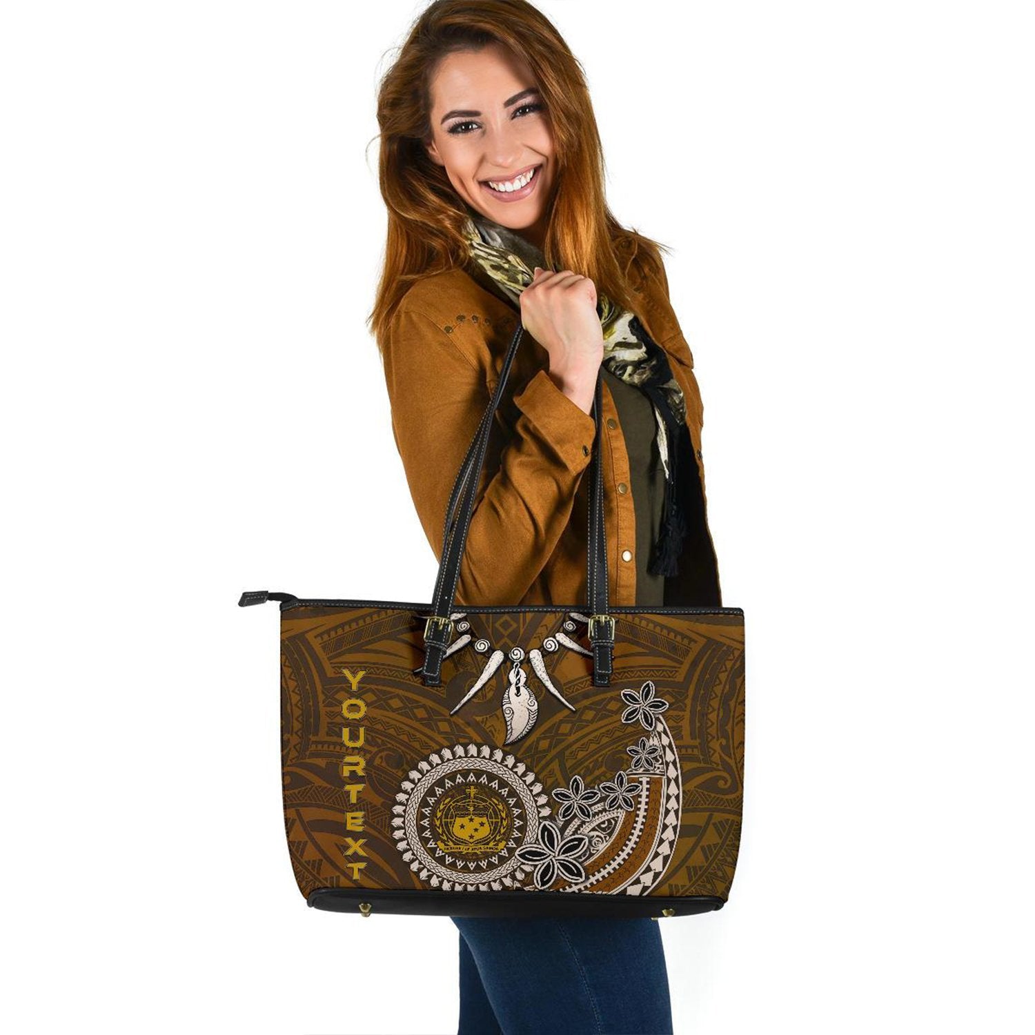 Samoa Custom Personalised Large Leather Tote - Polynesian Boar Tusk Brown - Polynesian Pride