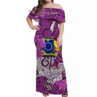 Cook Islands Off Shoulder Long Dress Hammerhead Shark Purple LT13 Long Dress Purple - Polynesian Pride
