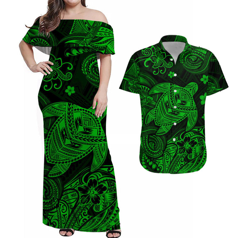 Hawaii Turtle Polynesian Matching Dress and Hawaiian Shirt Matching Couples Outfit Plumeria Flower Unique Style Green LT8 Green - Polynesian Pride
