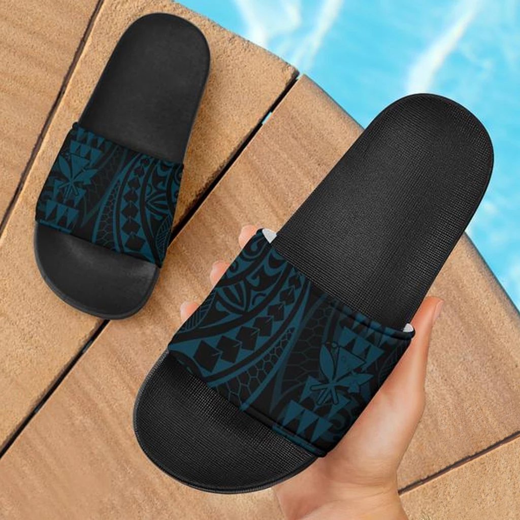 Kanaka Map Tribal Slide Sandals Coral Blue Black Black - Polynesian Pride