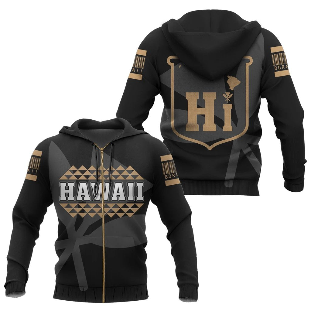 Hawaii Kanaka Kakau Zipper Hoodie Gold Barcode Unisex Gold - Polynesian Pride