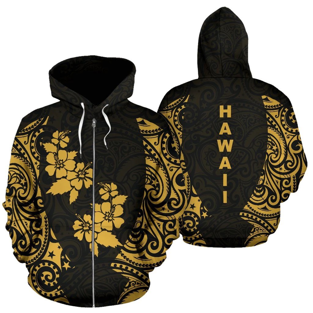 Hawaii Hoodie Zip up Polynesian Hibiscus Unisex Gold - Polynesian Pride