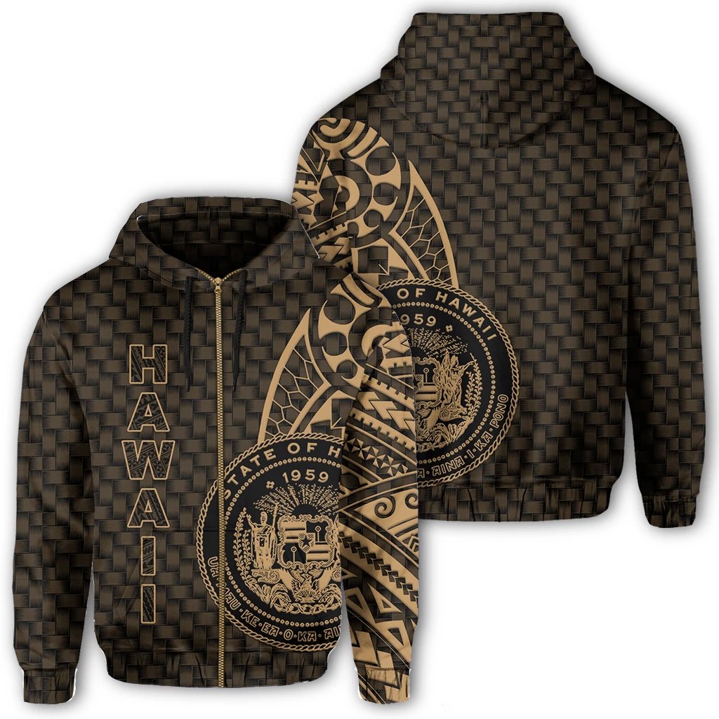 Hawaii Polynesian Zipper Hoodie Gold Emboss Style Unisex Gold - Polynesian Pride