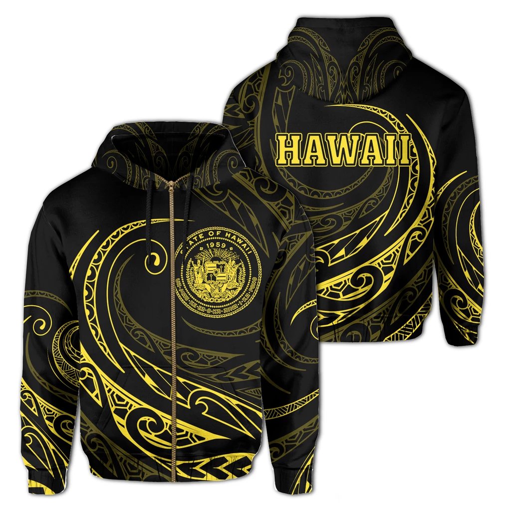 Hawaii Zipper Hoodie Frida Style Yellow Unisex Black - Polynesian Pride