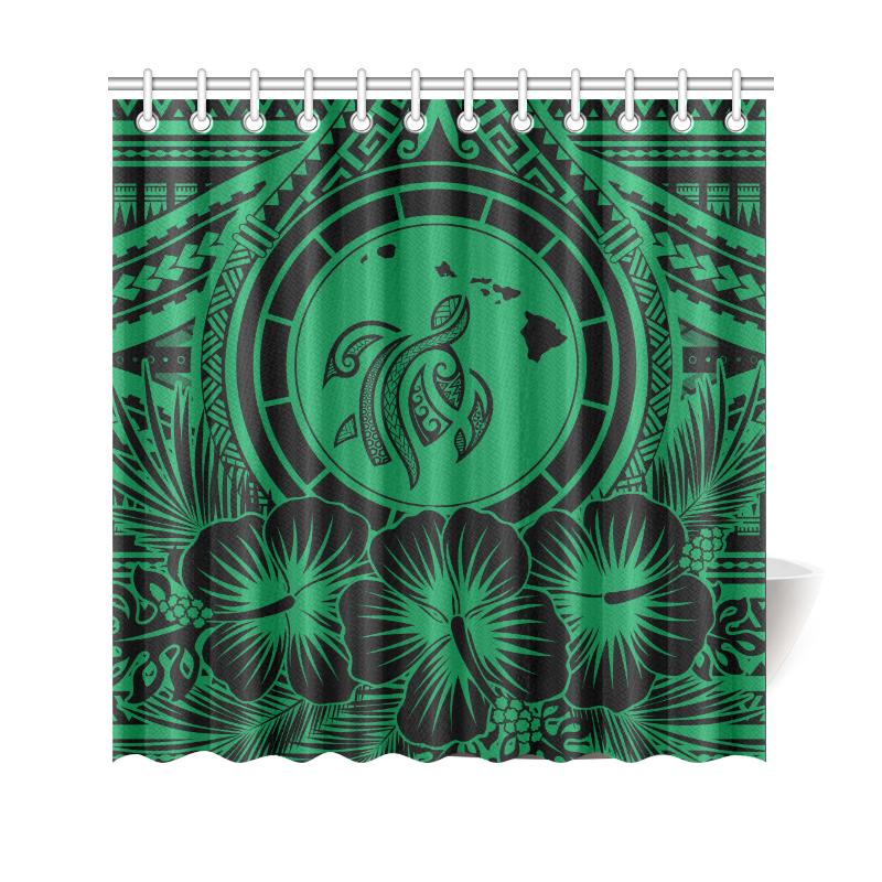 Hawaii Map Honu Hibiscus Green Polynesian Shower Curtain 177 x 172 (cm) Green - Polynesian Pride