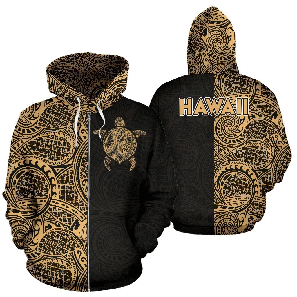 Hawaii Hoodie Zip up Turtle Polynesian Unisex Gold - Polynesian Pride