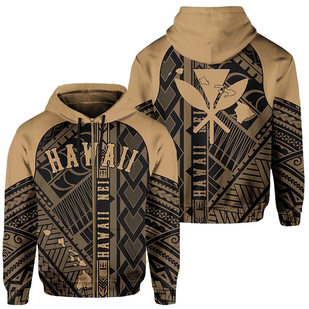 Hawaii Nei Hoodie Zip up Polynesian Gold Unisex Blue - Polynesian Pride