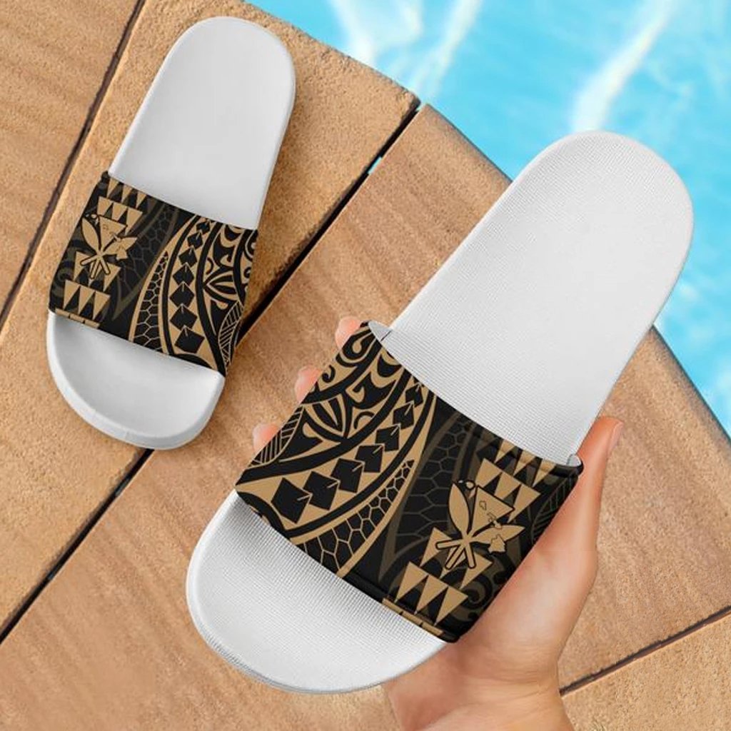 Kanaka Map Tribal Slide Sandals Gold White White - Polynesian Pride