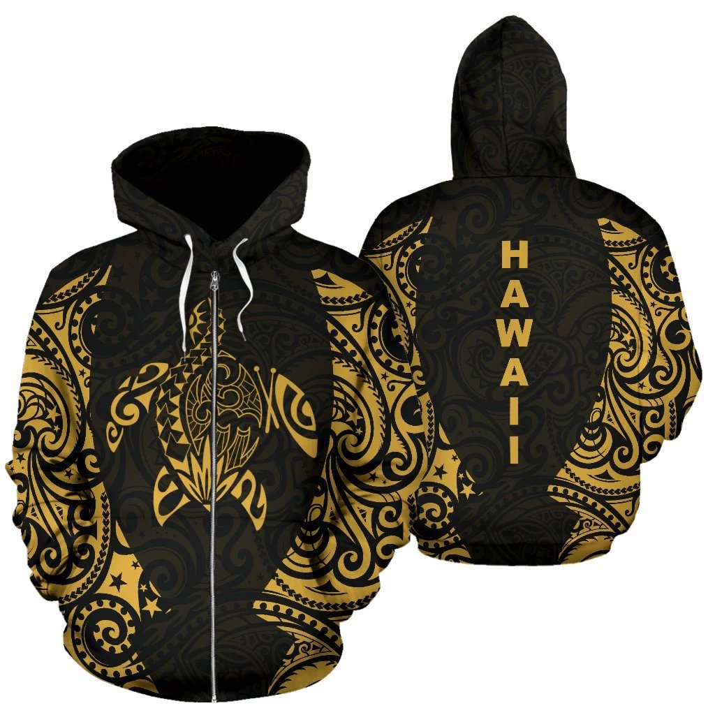 Hawaii Hoodie Zip up Turtle Polynesian Unisex Gold - Polynesian Pride