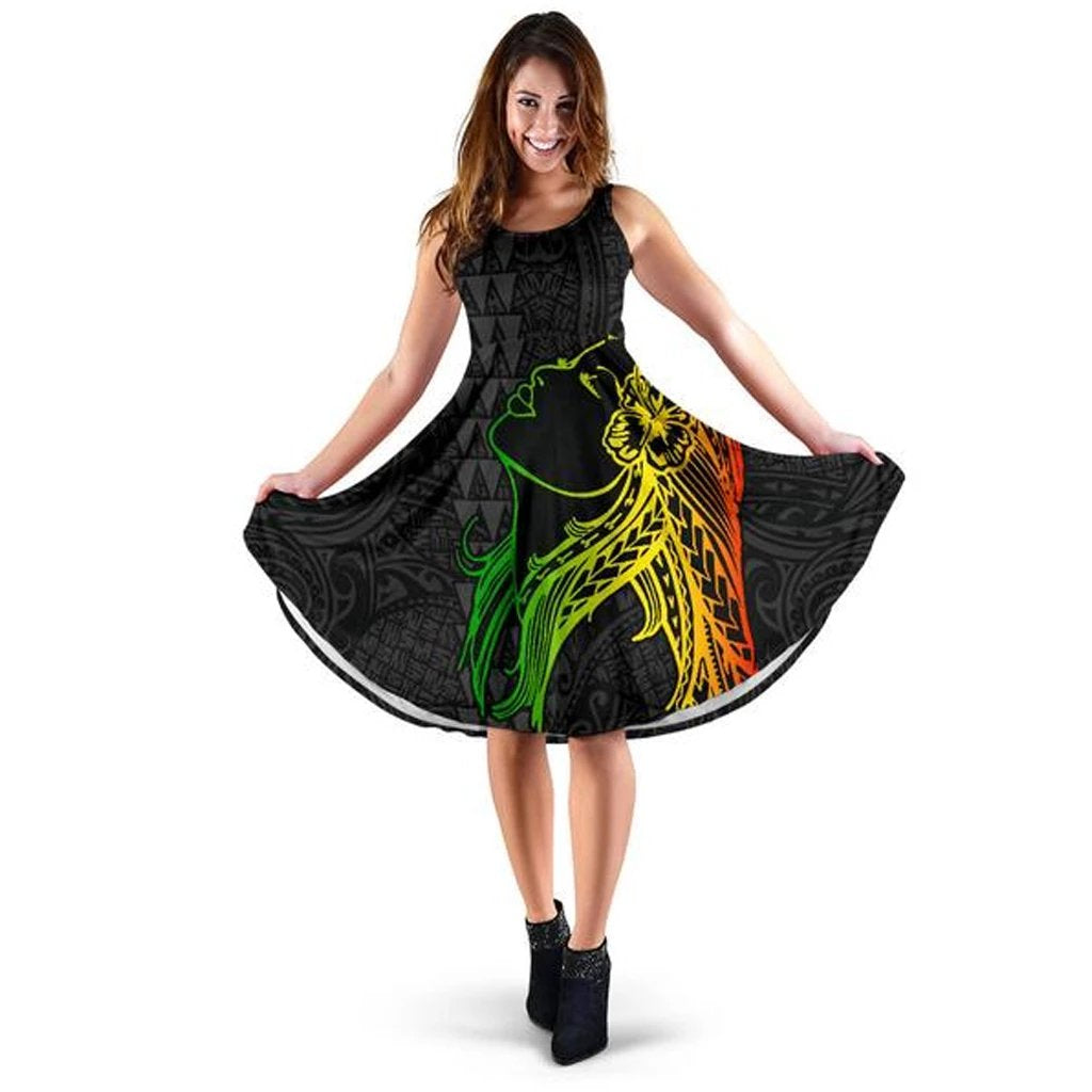 Hula Girl And Turtle Hibiscus Midi Dress Midi Dress Black - Polynesian Pride