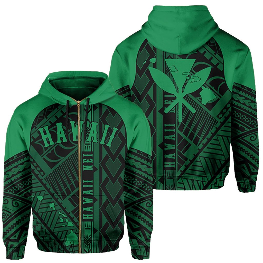 Hawaii Nei Hoodie Zip up Polynesian Green Unisex Blue - Polynesian Pride