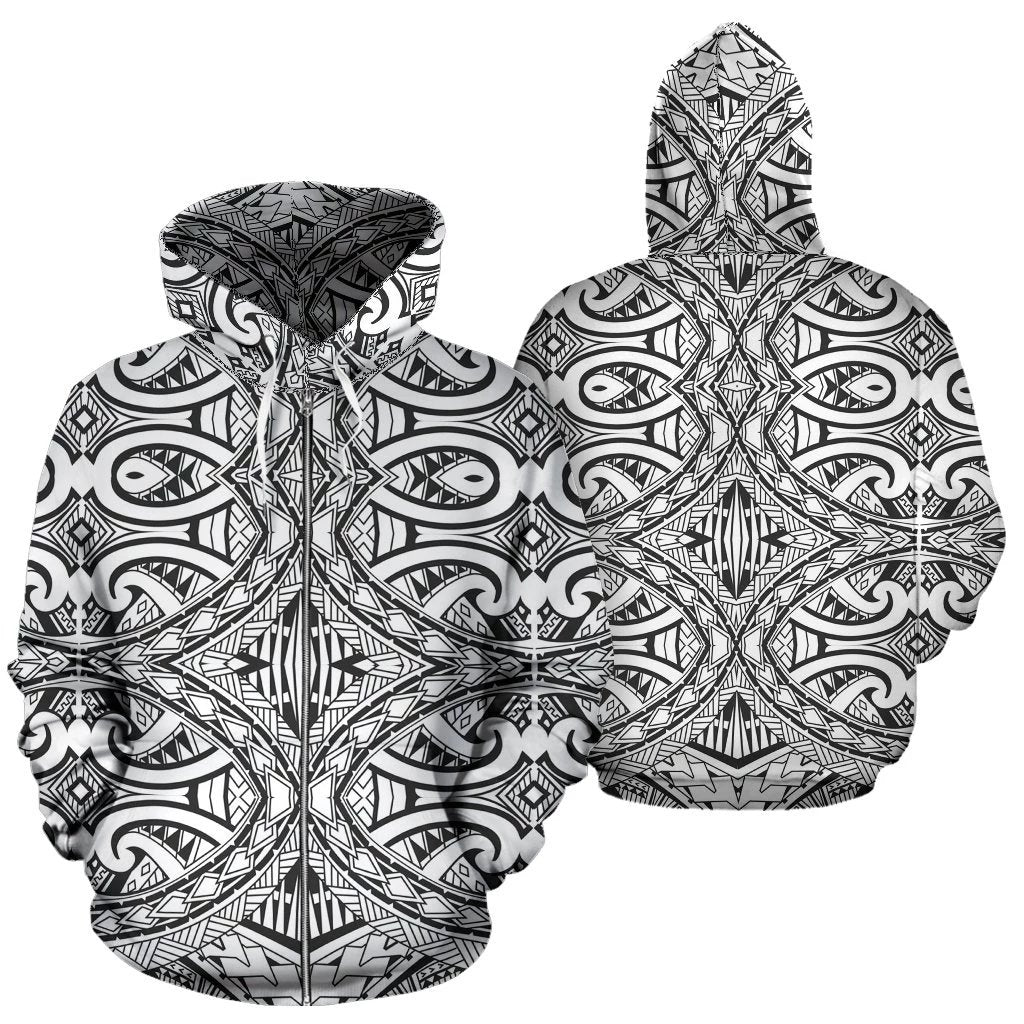 Polynesian Zip up Hoodie Tribal 10 Unisex White - Polynesian Pride