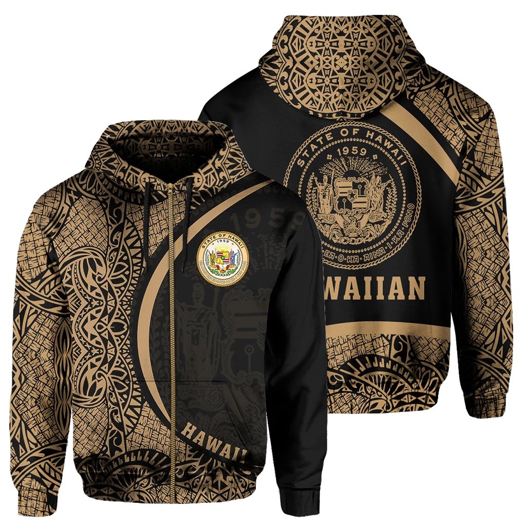 Hawaii Polynesian Zipper Hoodie Gold Round Style Unisex Blue - Polynesian Pride