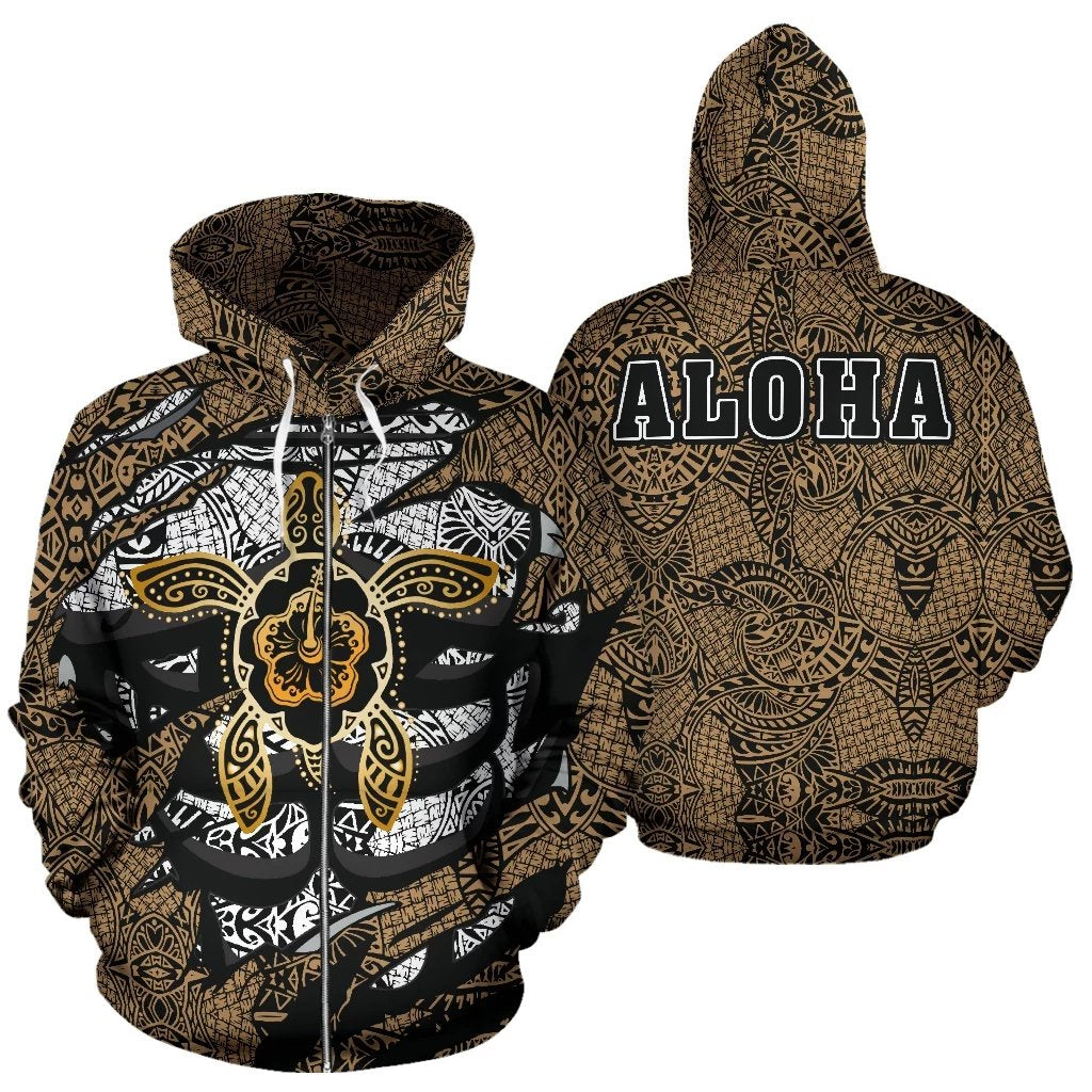 Hibiscus Polynesian Gold Hawaii Turtle Hoodie (Zip) Unisex Gold - Polynesian Pride