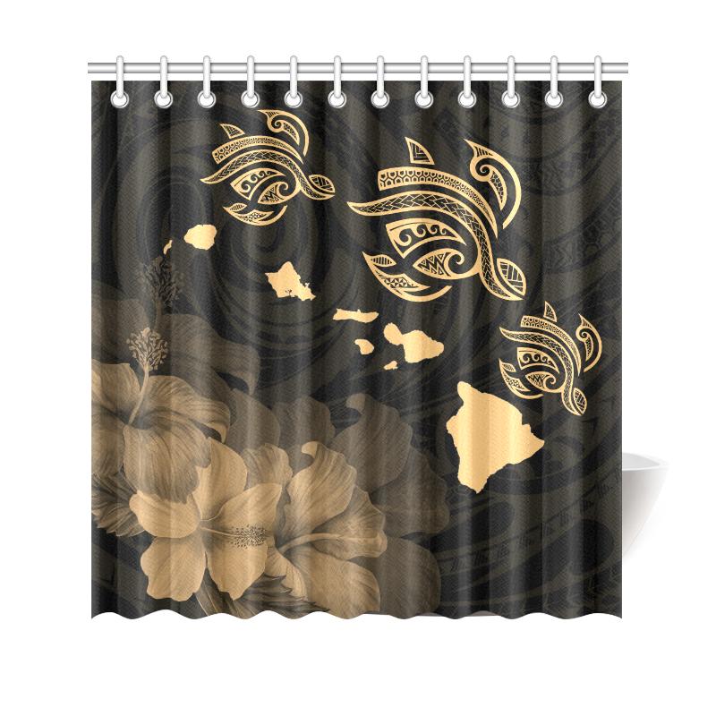 Hawaii Hibiscus Map Polynesian Ancient Gold Turtle Shower Curtain 177 x 172 (cm) Gold - Polynesian Pride