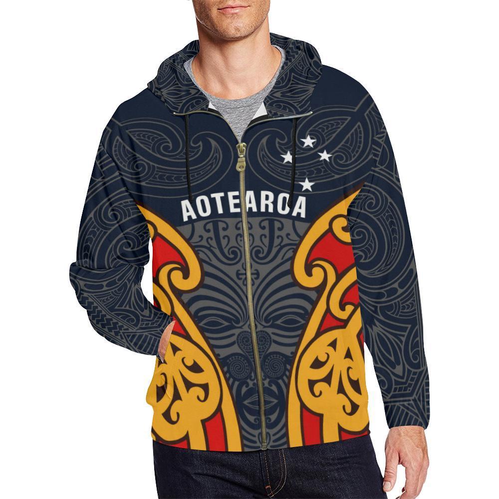 Aotearoa Hoodie Moko Maori Zip up Unisex Black - Polynesian Pride