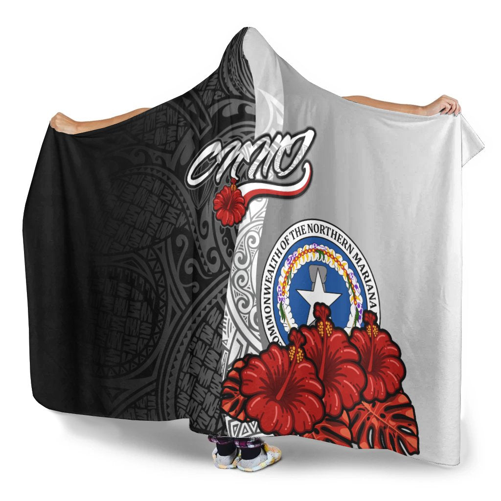 Northern Mariana Islands Polynesian Hooded Blanket - Coat Of Arm With Hibiscus White - Polynesian Pride
