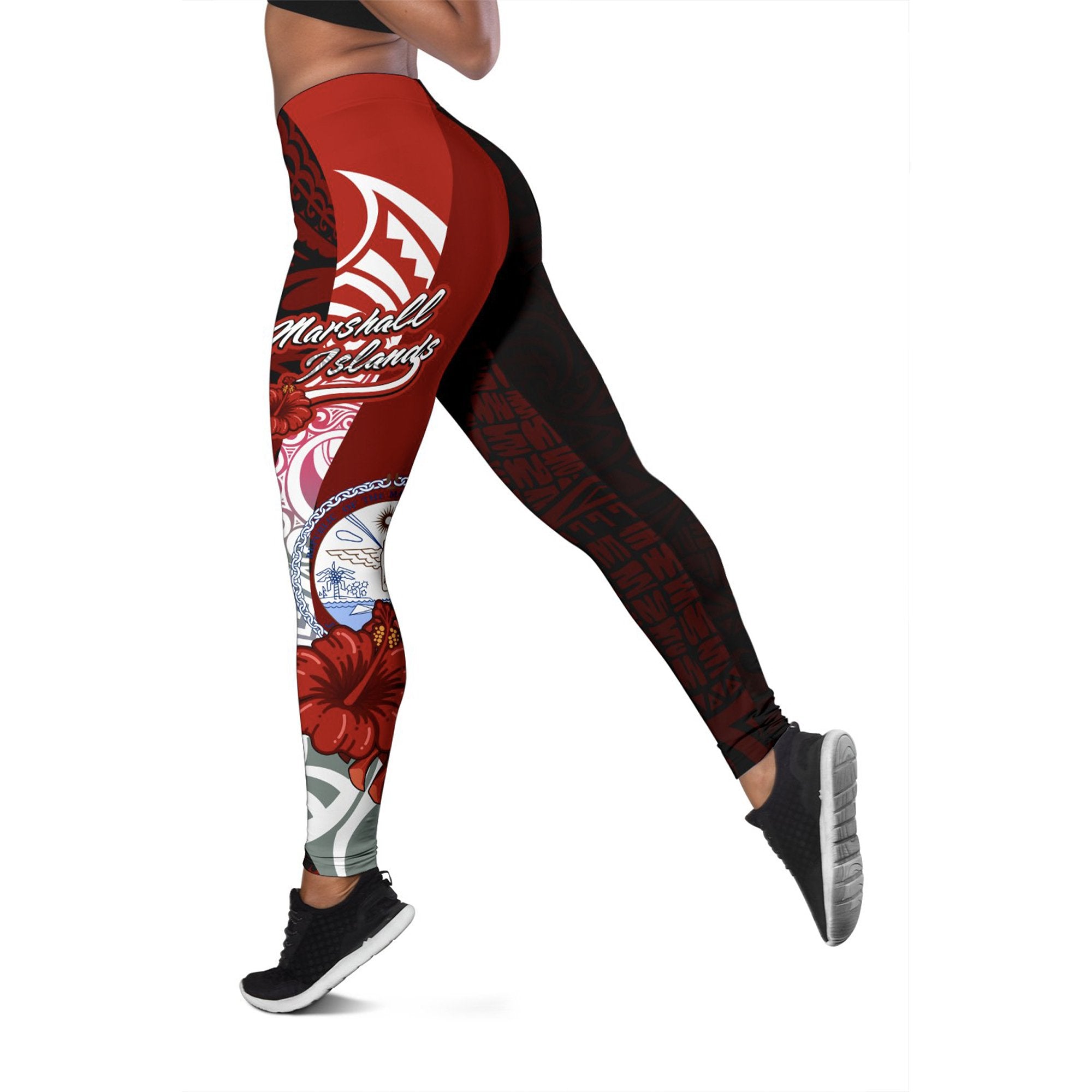 Marshall Islands Polynesian Legging - Coat Of Arm With Hibiscus Red - Polynesian Pride