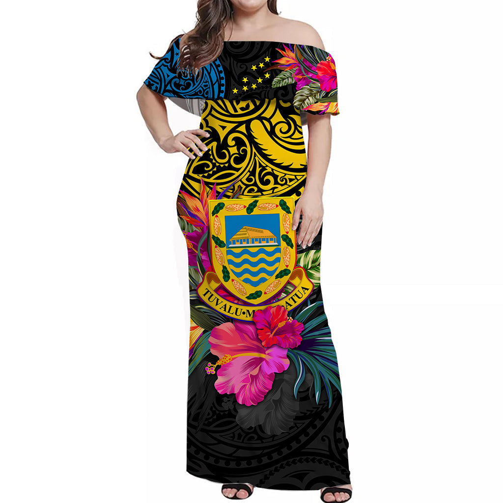 Tuvalu Off Shoulder Long Dress Alluring Polynesia and Tropical Flowers LT13 Women Black - Polynesian Pride