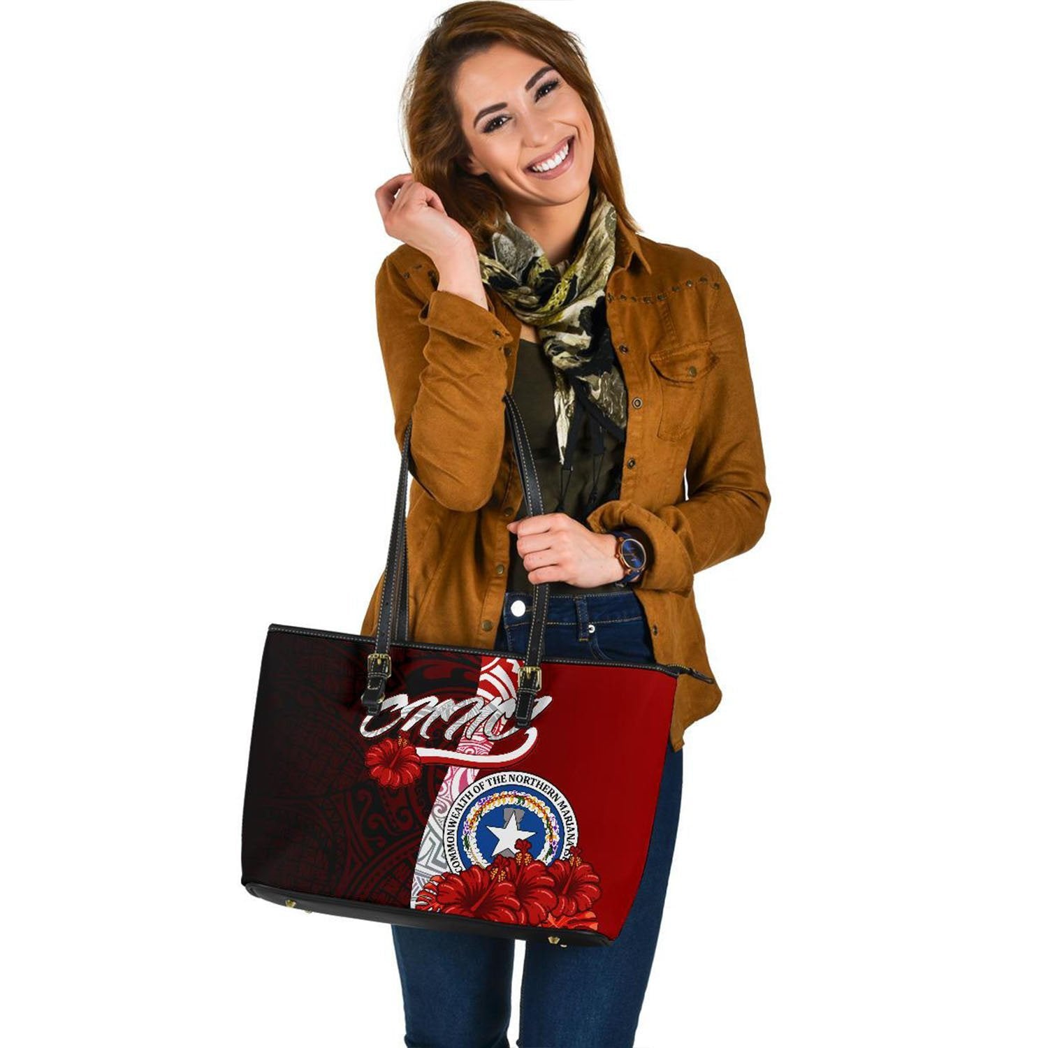 Northern Mariana Islands Polynesian Leather Tote Bag - Coat Of Arm With Hibiscus Red - Polynesian Pride