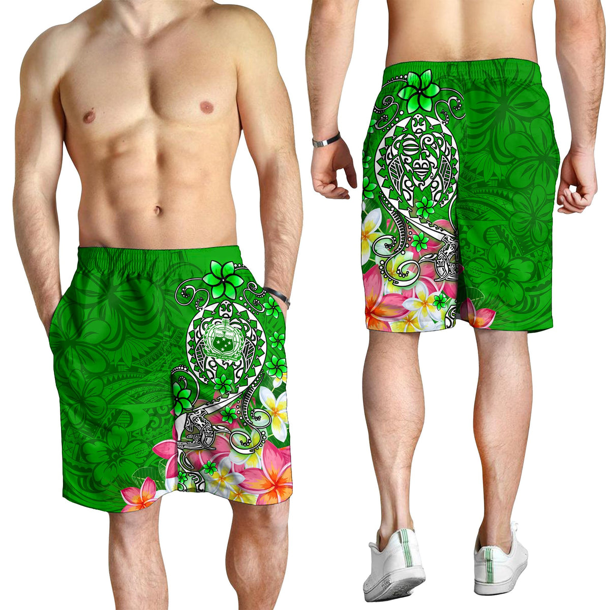 Samoa Men's Shorts - Turtle Plumeria (Green) - Polynesian Pride