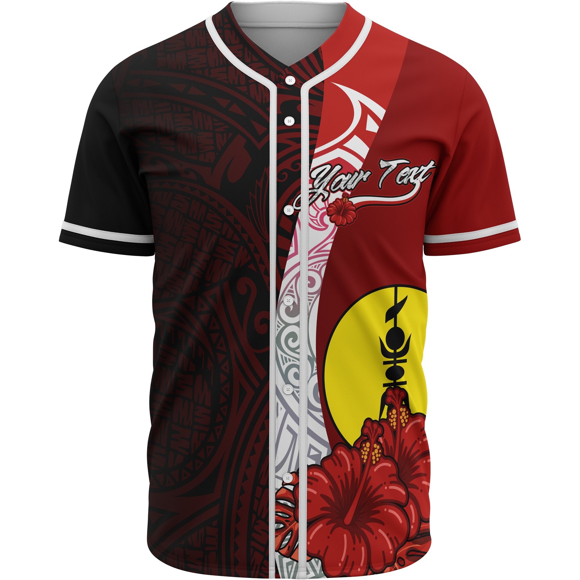 New Caledonia Polynesian Custom Personalised Baseball Shirt - Coat Of Arm With Hibiscus Unisex Red - Polynesian Pride