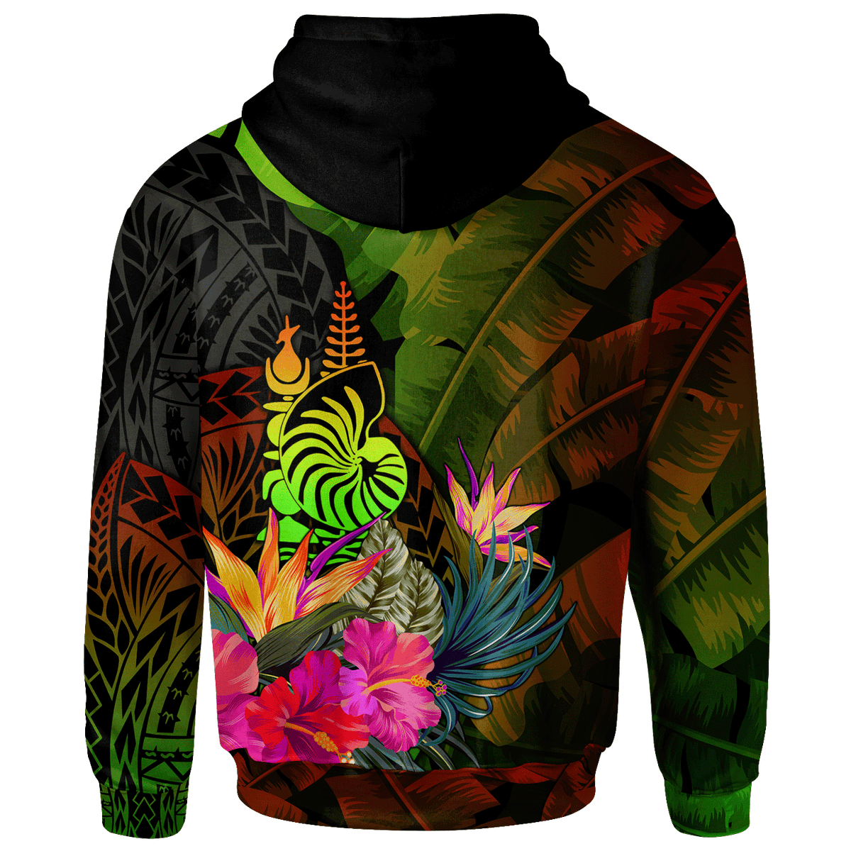 New Caledonia Polynesian Custom Hoodie Hibiscus and Banana Leaves - Polynesian Pride