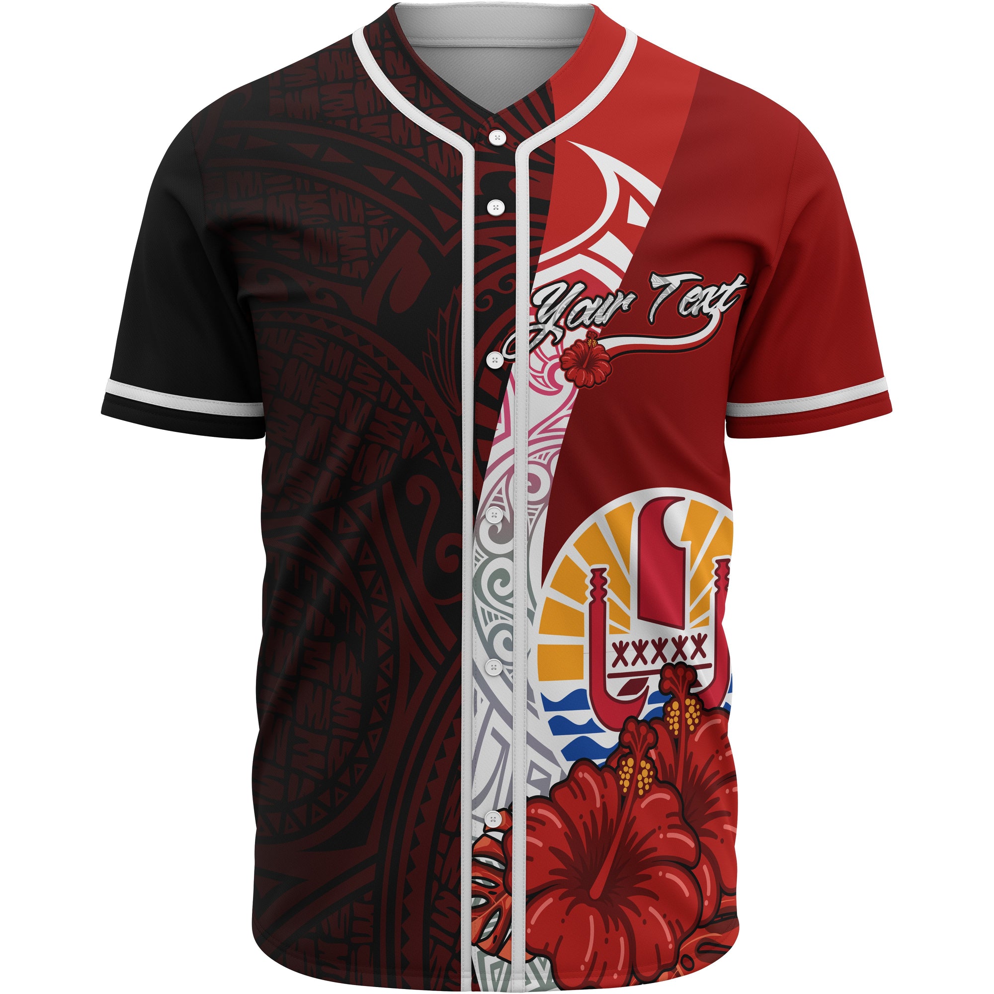 Tahiti Polynesian Custom Personalised Baseball Shirt - Coat Of Arm With Hibiscus Unisex Red - Polynesian Pride