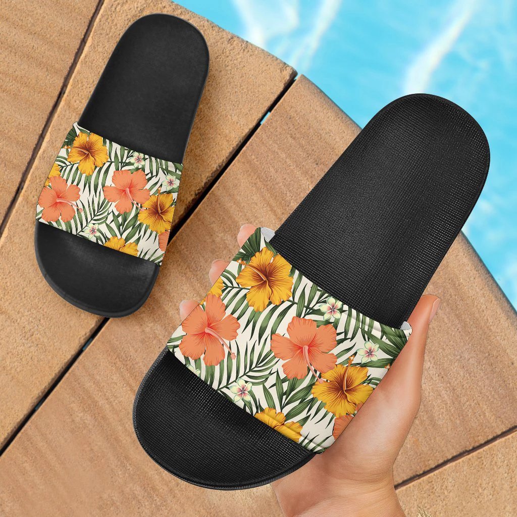 Hawaii Hibiscus Pattern Black And Yellow Slide Sandals Black - Polynesian Pride