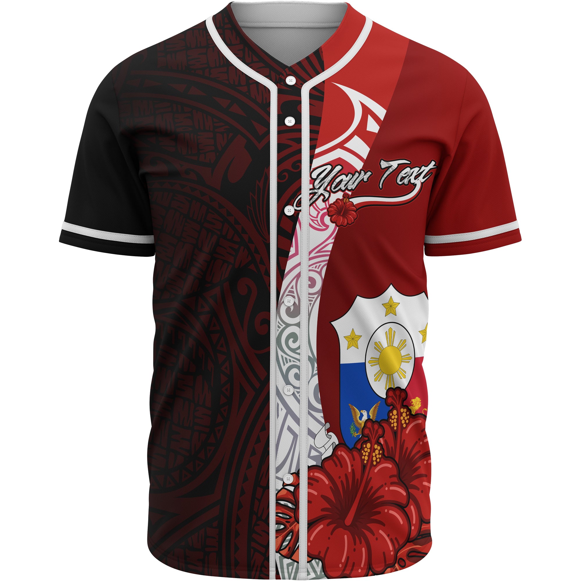 Philippines Polynesian Custom Personalised Baseball Shirt - Coat Of Arm With Hibiscus Unisex Red - Polynesian Pride