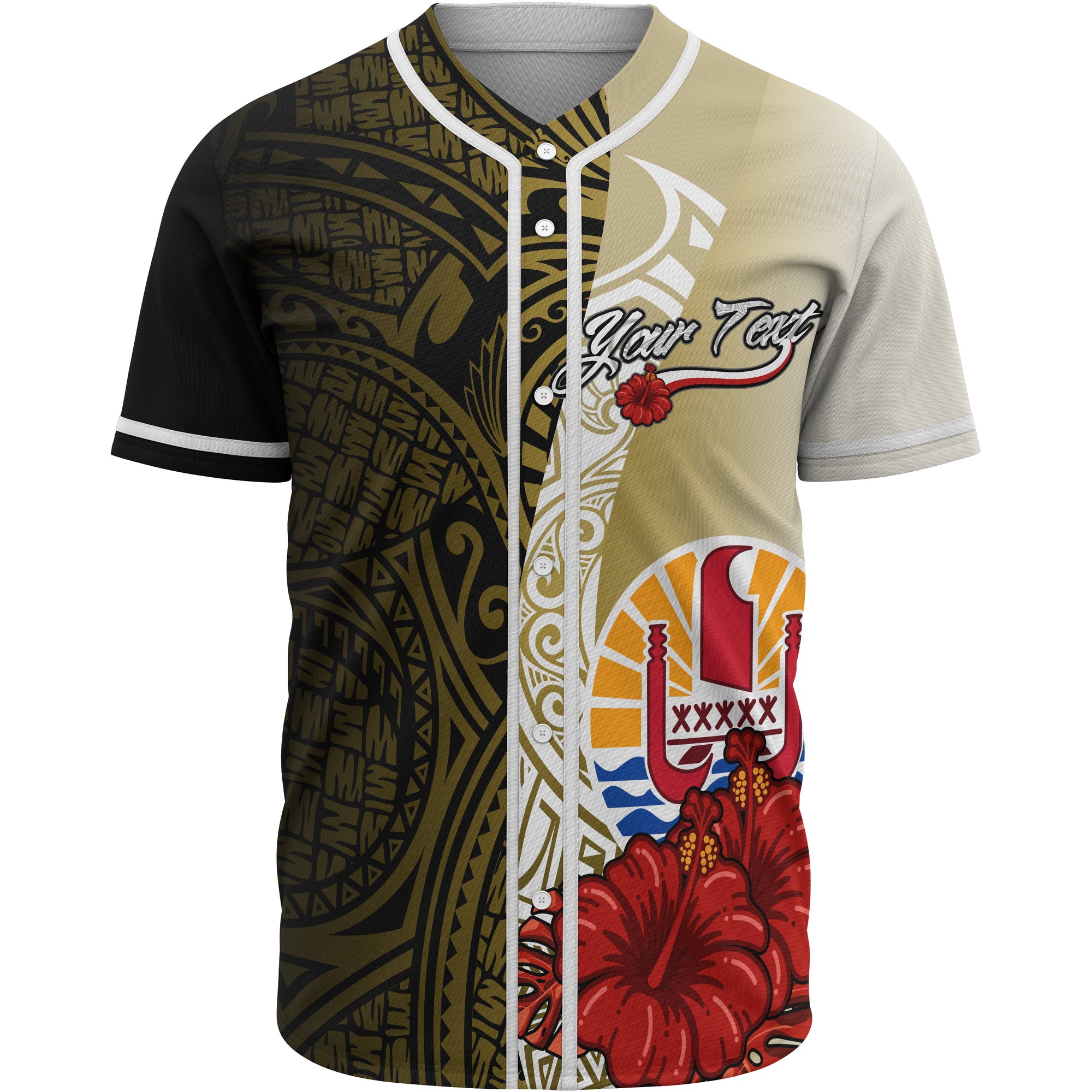 Tahiti Polynesian Custom Personalised Baseball Shirt - Coat Of Arm With Hibiscus Gold Unisex Gold - Polynesian Pride