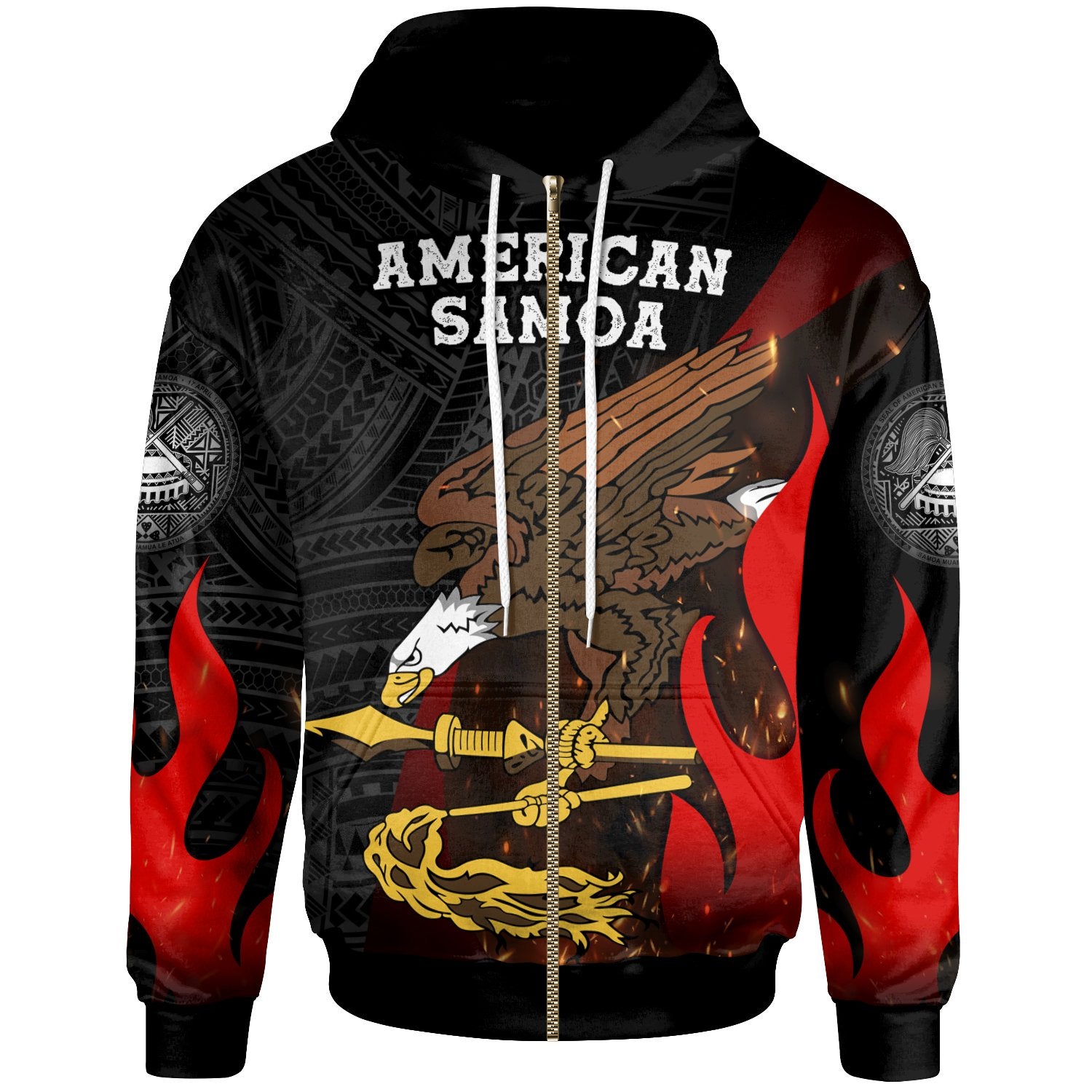 American Samoa Zip up Hoodie Polynesian Eagle Fire Unisex Black - Polynesian Pride