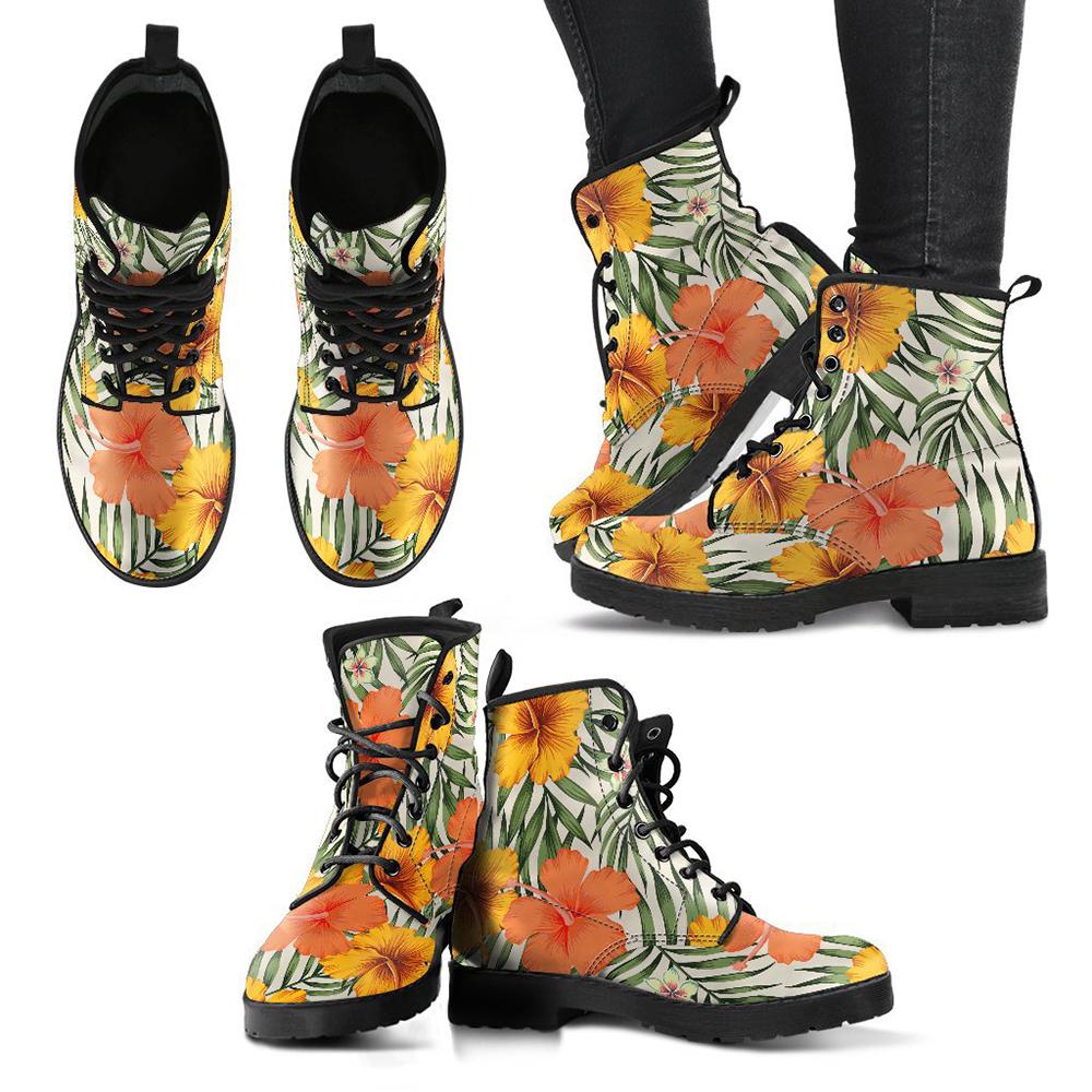 Hawaii Yellow Hibiscus Leather Boots Black & Yellow - Polynesian Pride