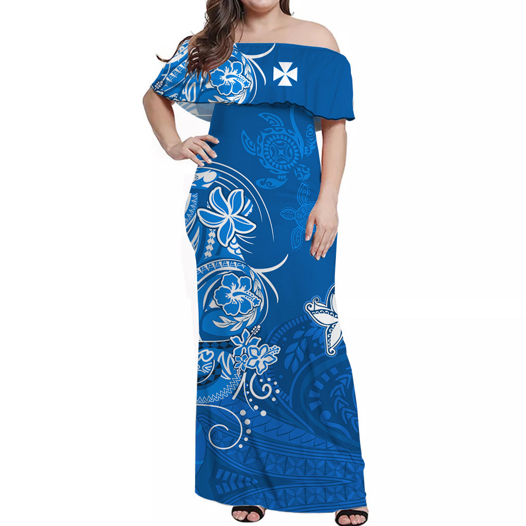 (Custom Personalised) Wallis et Futuna Off Shoulder Long Dress Polynesia Blue Sea Turtle and Flowers LT13 Women Blue - Polynesian Pride