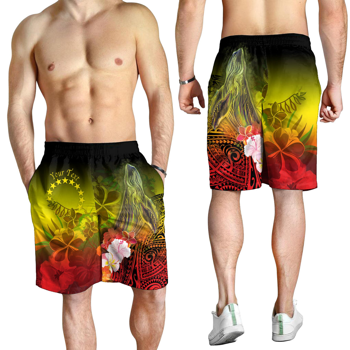 Cook Islands Custom Personalised Men's Shorts - Humpback Whale with Tropical Flowers (Yellow) - Polynesian Pride