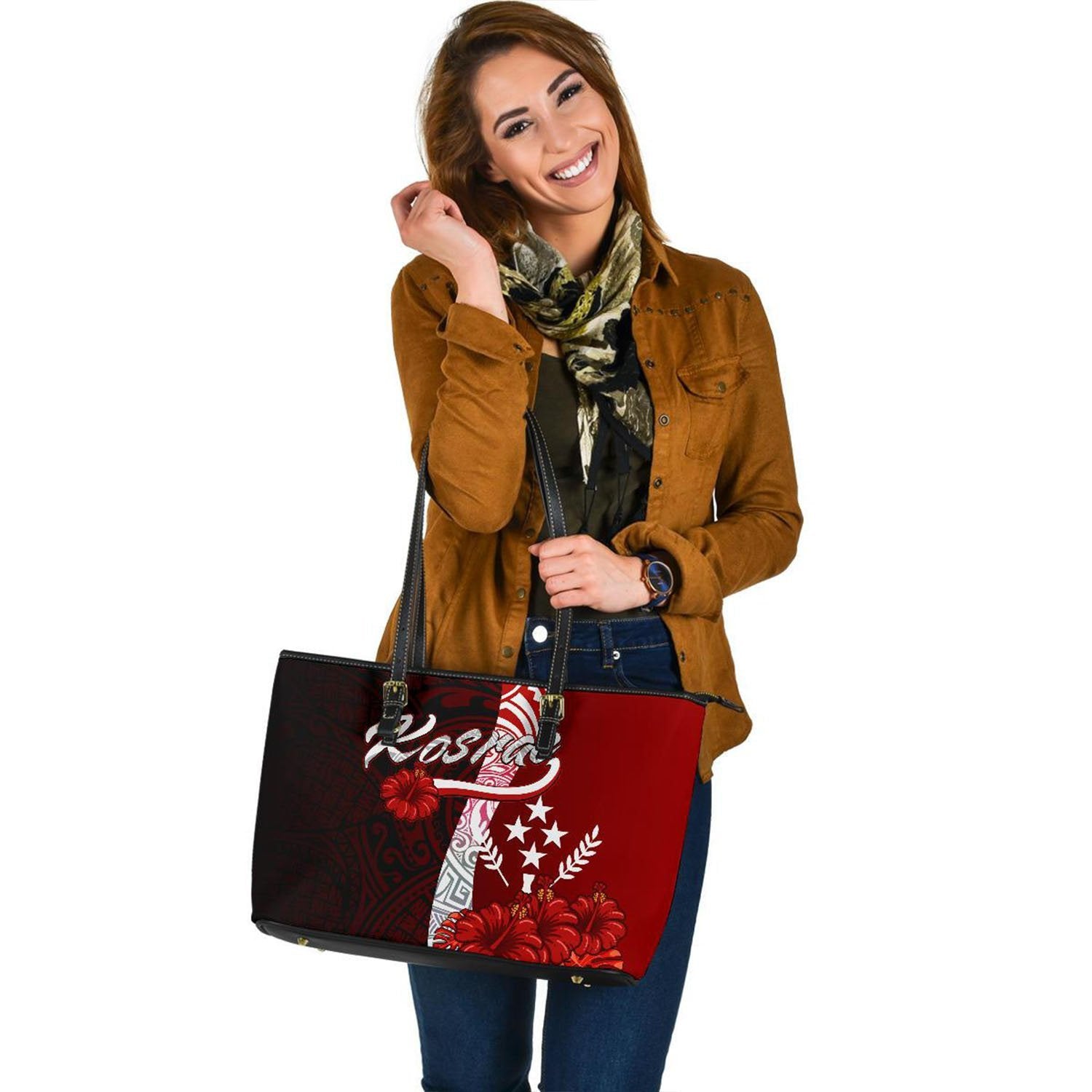 Kosrae Micronesia Leather Tote Bag - Coat Of Arm With Hibiscus Red - Polynesian Pride