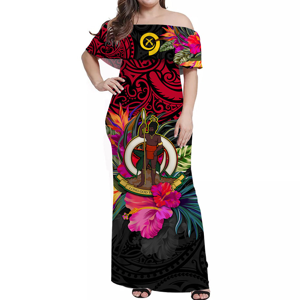 Vanuatu Off Shoulder Long Dress Alluring Polynesia and Tropical Flowers LT13 Women Black - Polynesian Pride