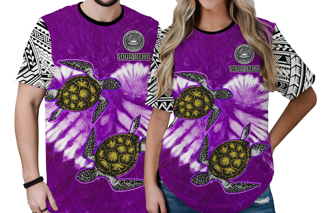 Custom American Samoa Couple Turtles T Shirt Polynesian Valentine HUSBand and WIFE Tie Dye Purple LT13 - Polynesian Pride