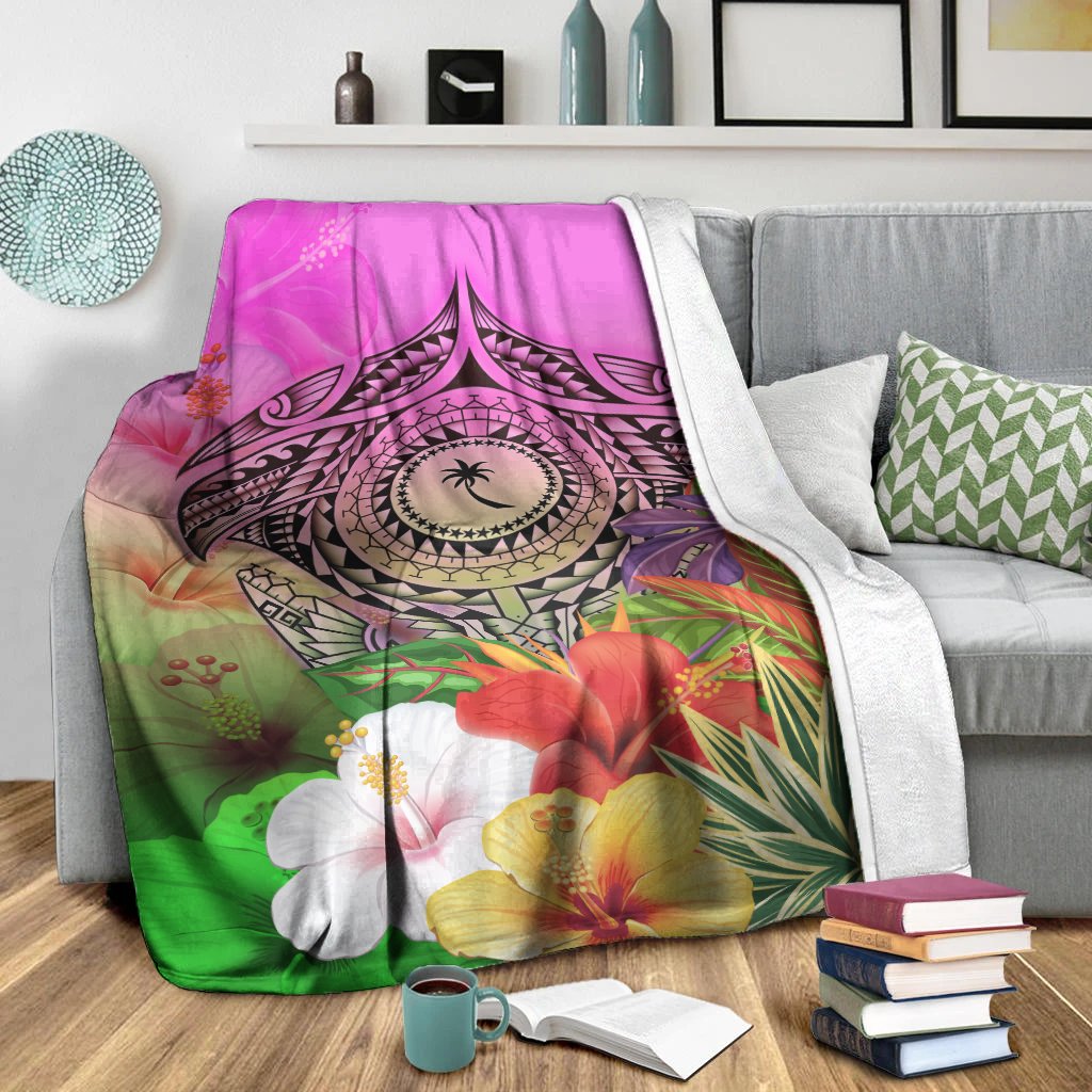 Chuuk Polynesian Premium Blanket - Manta Ray Tropical Flowers White - Polynesian Pride