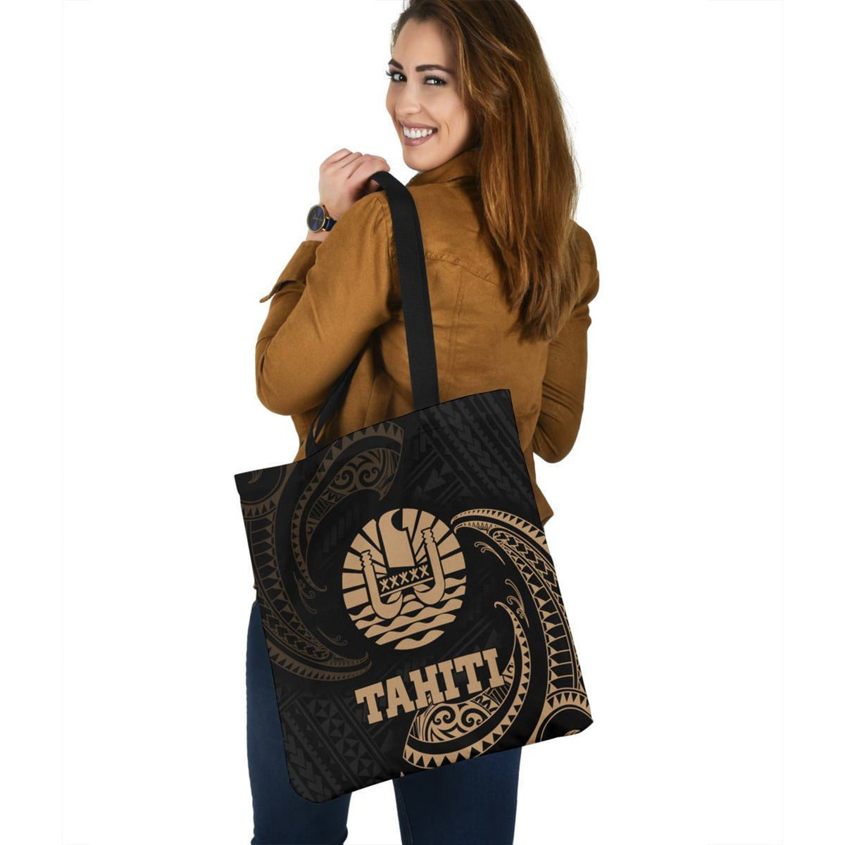 Tahiti Polynesian Tote Bag - Gold Tribal Wave Tote Bag One Size Black - Polynesian Pride