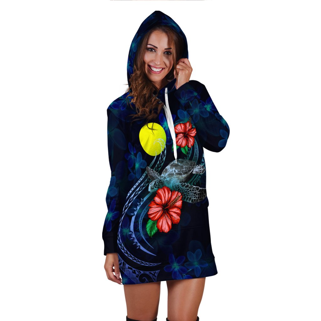 Palau Polynesian Hoodie Dress - Blue Turtle Hibiscus - Polynesian Pride