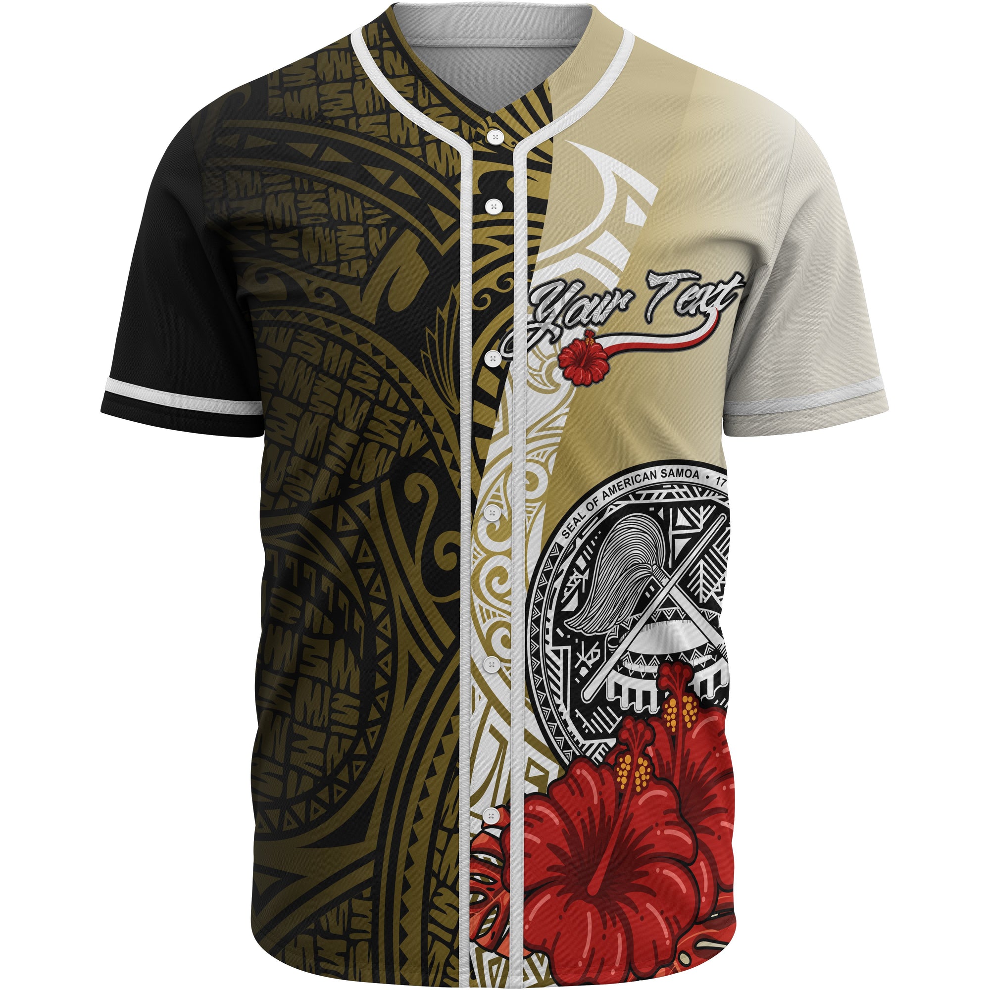 American Samoa Polynesian Custom Personalised Baseball Shirt - Coat Of Arm With Hibiscus Gold Unisex Gold - Polynesian Pride