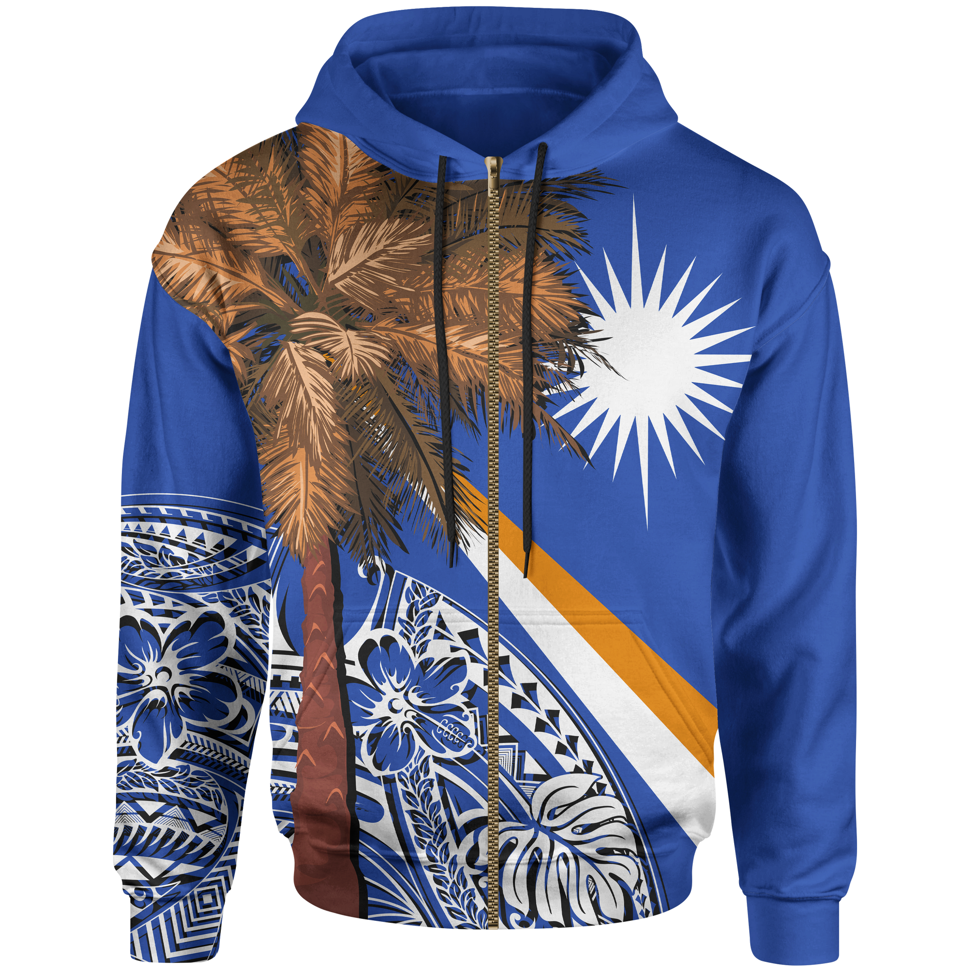 Marshall Islands Polynesian Zip up Hoodie Palm Tree Unisex Blue - Polynesian Pride