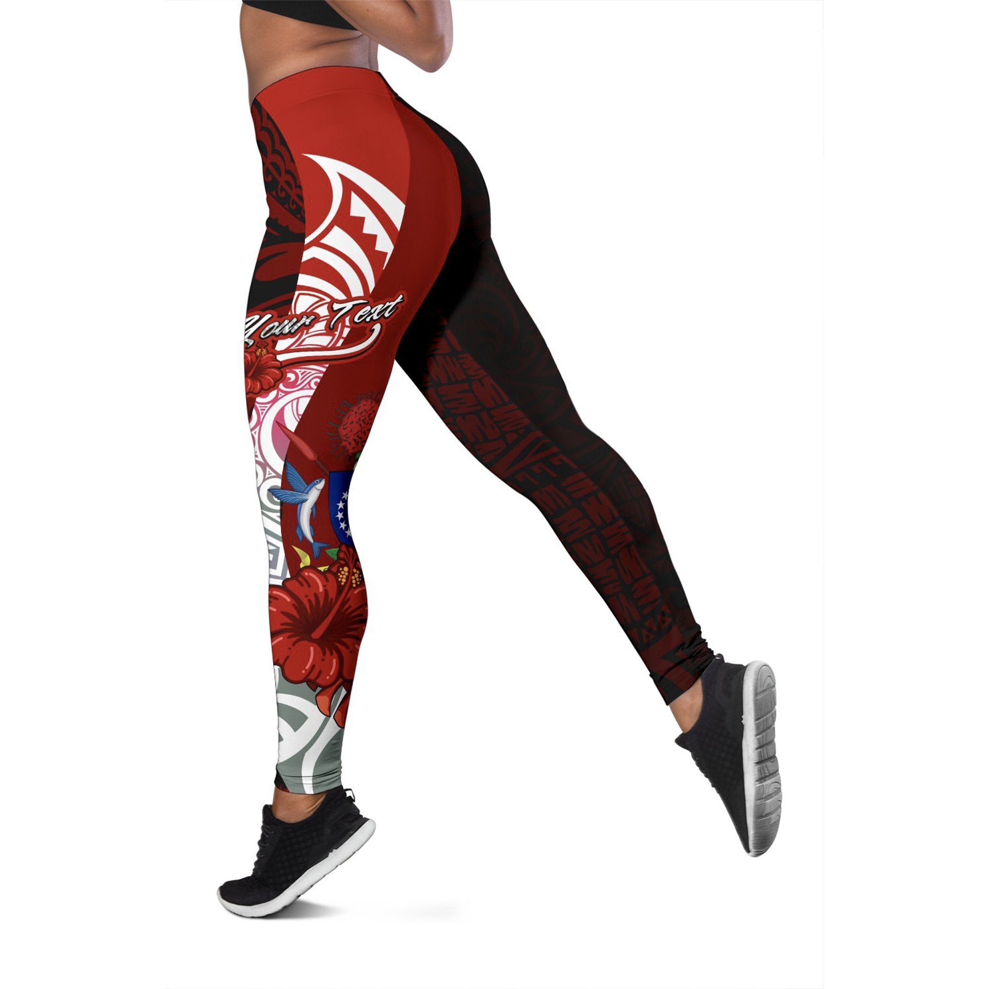 Cook Islands Polynesian Custom Personalised Legging - Coat Of Arm With Hibiscus Red - Polynesian Pride