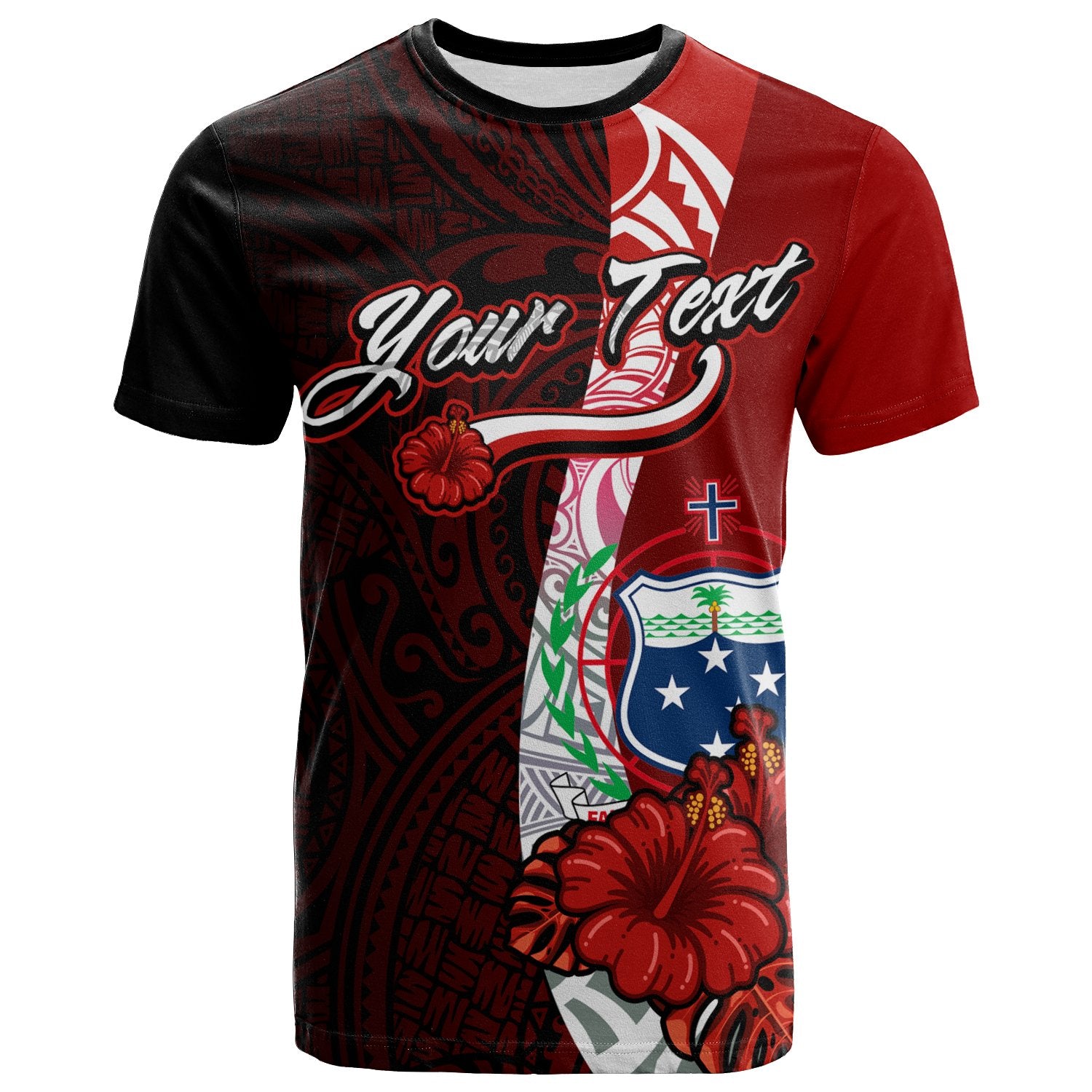 Samoa Polynesian Custom T shirt Coat Arm With Hibiscus Unisex Red - Polynesian Pride